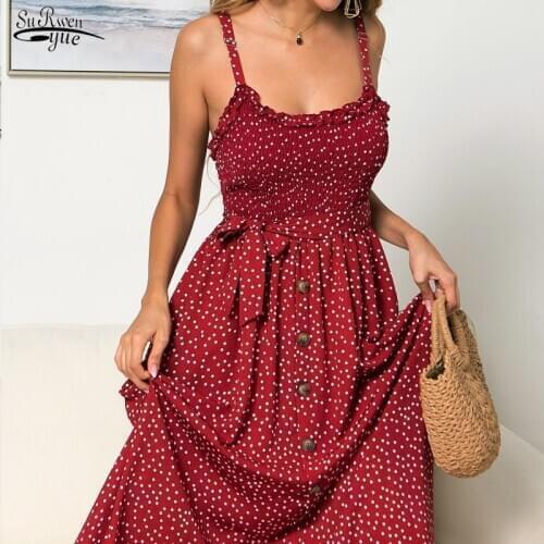 2021 Summer Slash Neck Sleeveless Party Beach Print Midi Dress Womens Sling Polka Dot Long Dresses Fashion Casual Sundress New