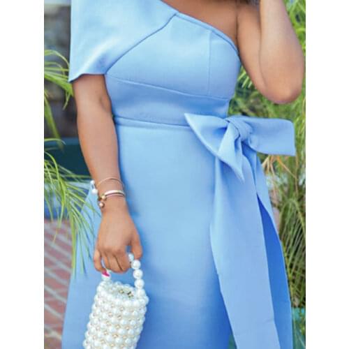 Women Dress One Shoulder with Bowtie Waist Belt Party Chrismas Dress Elegant Slim Birthday African Event Celebrate Occasion New
