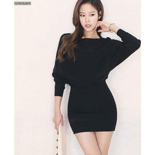 NEW Winter Spring Women Knitting Robe Vestidos Off Shoulder Mini Sexy Slim Elastic Bodycon Pencil Dress 5802