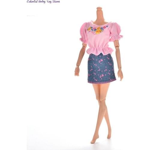 1pc Pink Clothes Sets Summer Short Sleeve Flower Print Doll Dress Elegant Skirt For Doll