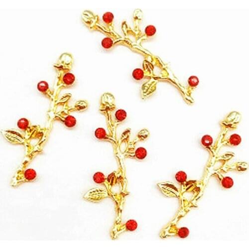 10pcs/lot Alloy Branch Gold Red Flower branch Rhinestone Buttons Pendants Decorative Jewelry dress Hair DIY Jewelry Accessories