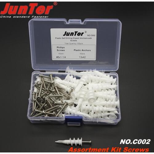 100pcs Plastic Self Drilling Drywall Anchors With #8 x 1-1/4'' Phillips Pan Head Self Tapping Screws Assortment Kit NO.C002