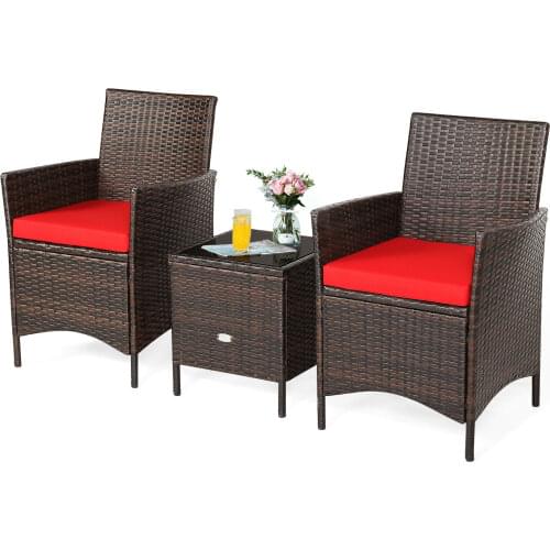 3PCS Patio Rattan Furniture Set Cushioned Sofa Glass Tabletop Deck Red/Blue HW67050