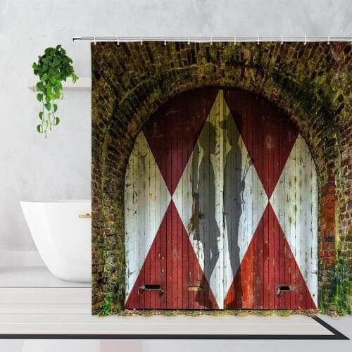 3D Retro Arched Wooden Door Boy girl Shadow Shower Curtains Old Wood Grain Brick Wall Country Theme Bathroom Decor Bath Curtain