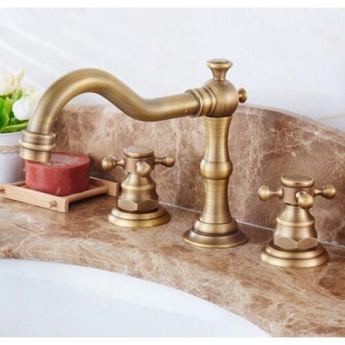 Antique Brass Dual & Three Handles Bathroom Bathtub Faucet Deck Mounted Hot and Cold Water Mixer Basin Tap