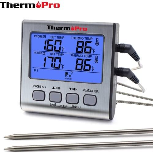 ThermoPro TP17 Dual Probe Outdoor Cooking Meat Thermometer Large LCD Backlight Food Grill Thermometer with Timer Mode for Smoker