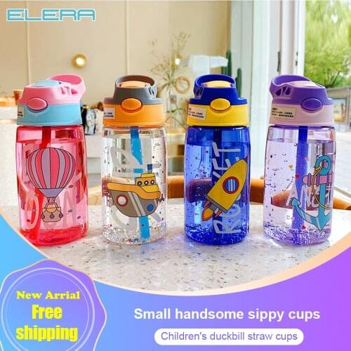 Children Duckbill Silicon Straw Water Bottle Baby Learn To Drink Sippy Cup Portable 480ML Large Capacity Cartoon Pictures