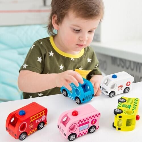 Kids Wooden Car Mini Vehicle Toys Fire Truck School Bus Sanitation Car Recognition Pull Back Car Wooden Toys For Kids