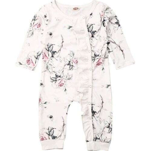 Newborn Baby Girl Cotton Flower Print Ruffle Button Romper Jumpsuit Long Sleeves Outfit Fall Infant Toddler Clothing 2021 New