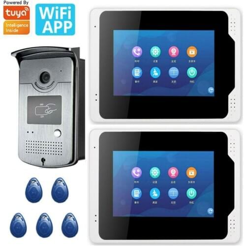 Tuya APP 7 inch 2 Monitors Wired Wifi RIFD Video Door Phone Doorbell Intercom System with 6 languages switch