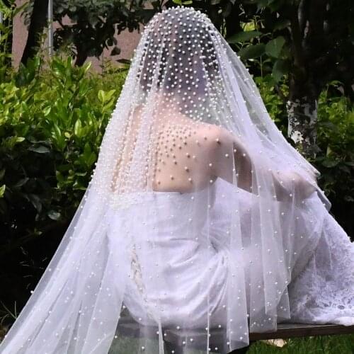 TOPQUEEN V08 Bridal Pearls Veils Wedding Veils with Beading Luxury VEIL without Comb Catholic Veil Wedding Accesories for Bride