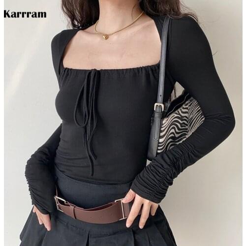 Karrram Sexy Slim Long Sleeve T Shirts Square Collar Shirring Lace Up Design Gothic Clothes Korean Style Skinny T-shirt Japanese