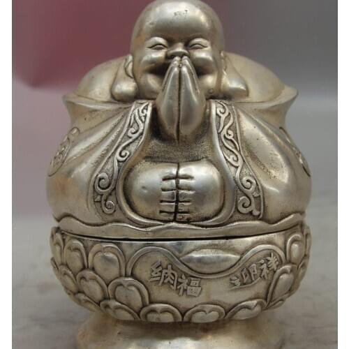 China White Copper Silver Maitreya Buddha Fu Lucky Lotus Incense Burner Censer