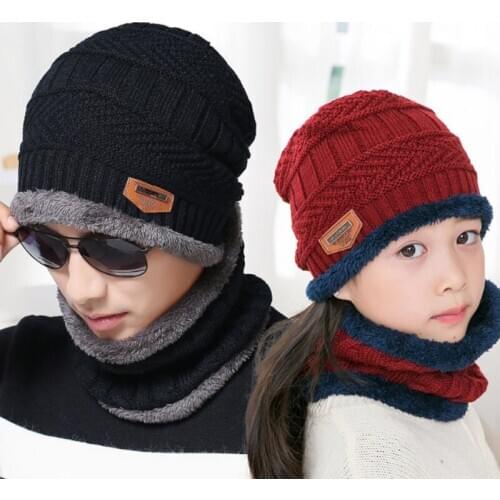 Parent-Child Knitted Fleece Hat scarf Set Men Child Winter Plus Thick Velvet Outdoor Sport Ear Protection Warm Woolen Hat U57