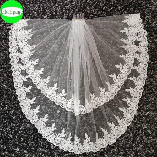Short Wedding Bride Veil 2021 Two Layer Voile Mariage Welon Slubny Lace Edge Velo De Novia Sposa Weeding Accessoire Metal Comb