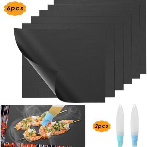 6Pcs Reusable Grill Mat Non-Stick Heat-Resistant Grill Mat With Two Oil Brushes Easy To Clean For Vegetables Bacon Fish Kabobs