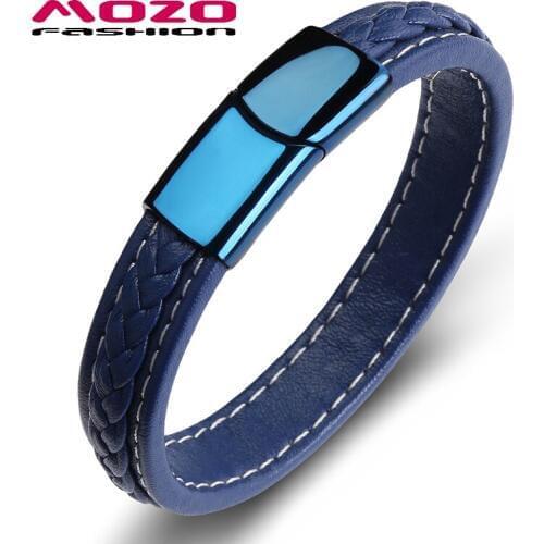 Fashion Hot Mem Leather Braided Rope Bracelet Stainless Steel Magnetic Clasp Bangle Male Blue Jewelry