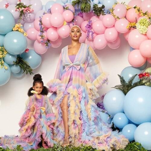 Cute Colorful Mom And Kid Tulle Robes For Photo Shoot Long Sleeves Bow Waist Ruffles Custom Made Mother And Daughter Gowns