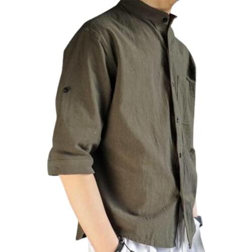Plus Size Men Shirt Half Sleeve Casual Male Shirts Stand Collar Loose Buttons Closure Solid Color Men Shirt Top camisetas