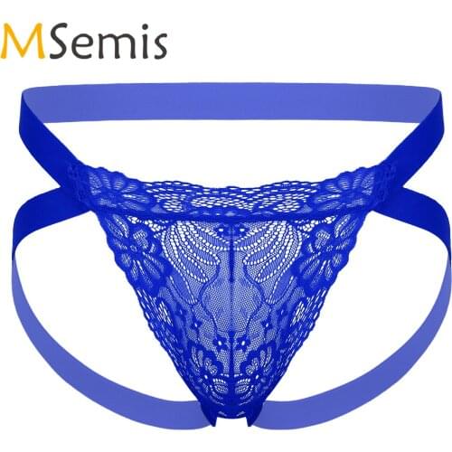 Mens Lingerie Sissy Underwear See-through Lace Bulge Pouch G-string Jockstrap T-back Low Waist Open Butt Thongs Briefs Panties