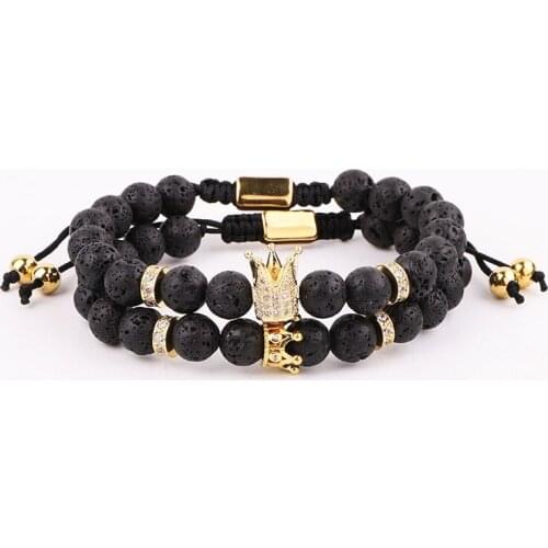 New Design High Quality CZ Crown&Queen Charm Lava Rock Stone Adjustable Couple Bracelet Male Female