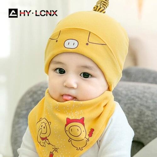 Newborn Spring Autumn Baby Hat Bib Set Boy Girl Cotton Breathable Suit Infant Soft Solid Color Cute Printing Hats 0-6 Months