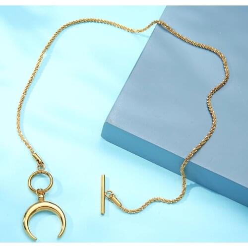 Crescent Half Moon Toggle Necklaces Metal Collar Womens Stainless Steel Ox Horn Luna Necklace Collier