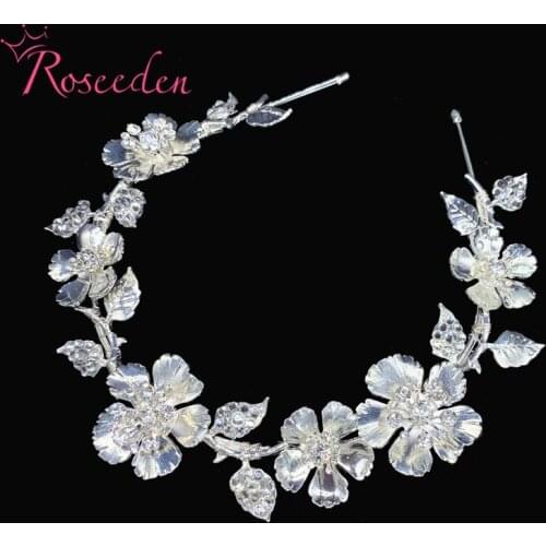 Silver color Floral Wedding Tiara Crown Rhinestone Accessories Handmade Bridal Headband Women Party Headpiece Jewelry RE3648-1