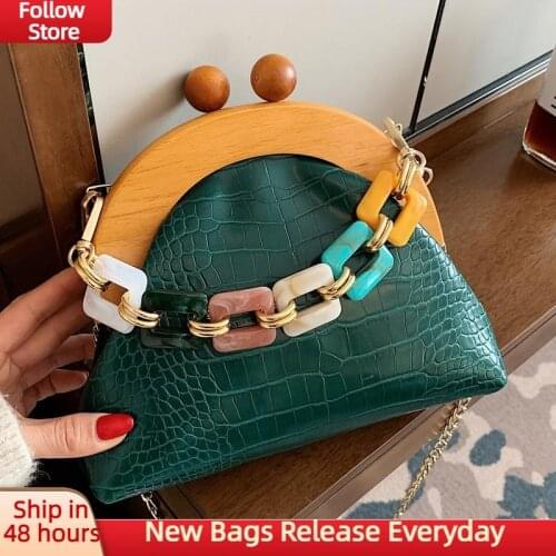 Wooden Clip Colorful Chains Crossbody Bags 2021 Shell Fashion Summer Beach Shoulder Bags Crocodile Pattern Small Handbags