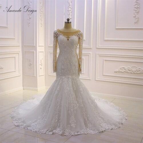 Amanda Design abiti da sposa Long Sleeve Lace Appliques Pearls Mermaid Wedding Dress