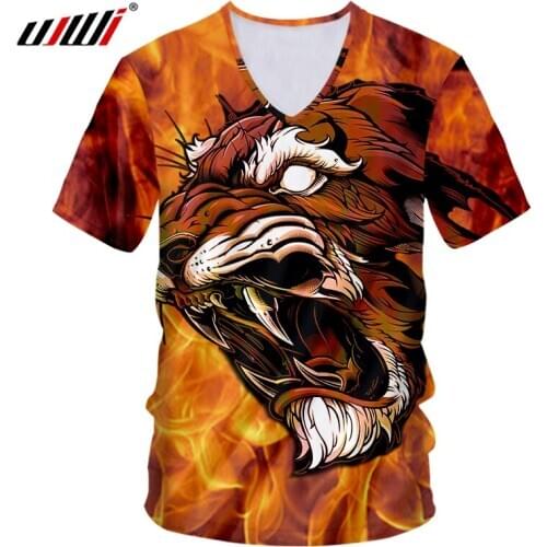 UJWI Unisex Hiphop V Neck Tshirt New Summer Tops Women/mens 3d Print Flame Tiger Tshirt Man Bodybuilding Fitness Casual T Shirt