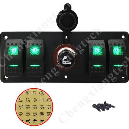 12V Green Led 4 Gang Rocker Toggle Switch Panel With Cigarette Lighter Plug Socket for Cars Boats Trucks Aluminum Panel + Stiker