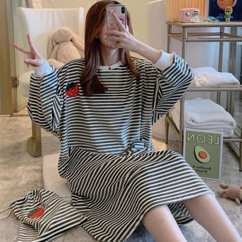 Ladies nightskirt winter striped bathrobe round neck warm home clothes simple loose night gown pregnant women sleepwear pijama