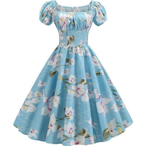 Plus Size Summer Dress 2019 Women Puff Sleeve Swing Vintage Dresses Robe Femme Elegant Floral Print Pin Up Party Dresses Jurken