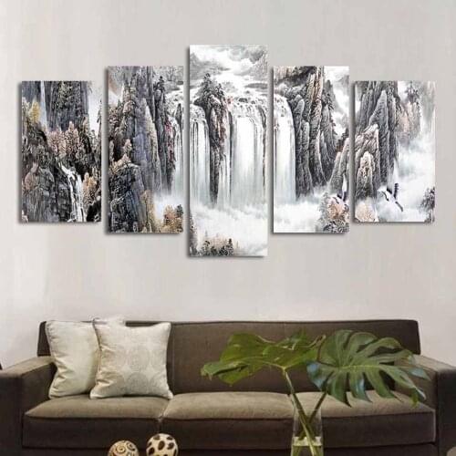 Diamond Paintings 5 Pieces Ink painting Nature Landscape Poster waterfall Pictures Living Room Wall Art A616