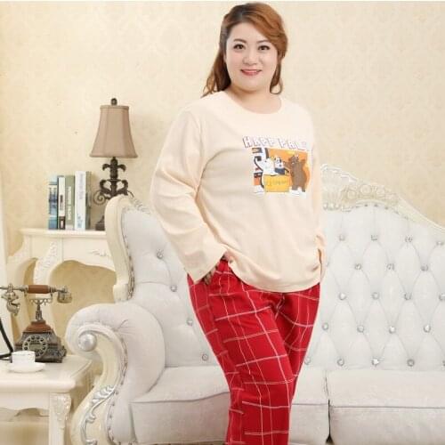 Free shipping 2019 womens new large size round neck long-sleeved pajamas set 100% cotton home service size 3XL-5XL