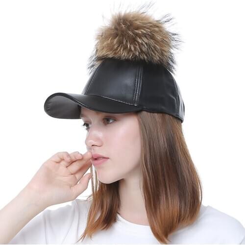 7 Colors Autumn Winter PU Faux Leather Baseball Caps Hats Women Adjustable Fashion Cap With Fluffy Ball Casual Street Adult 2020