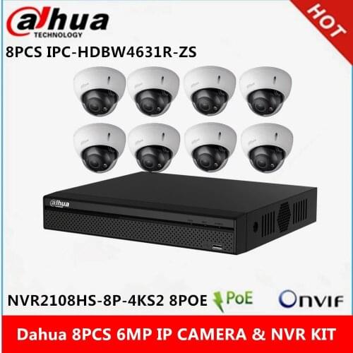 Dahua 8 pcs IPC-HDBW4631R-ZS 6MP 2.7mm ~13.5mm varifocal motorized lens IP Camera & NVR2108HS-8P-4KS2 8ch with 8poe ports 4K NVR