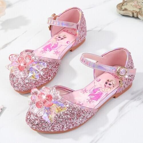 Disney Frozen Princess Kids Leather Sandals for Girls Bow Casual Shoes Glitter Children High Heel Girls Elsa Sandals