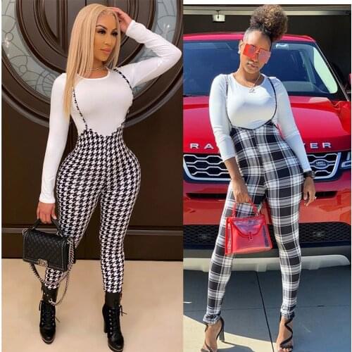 Women Suspender Strap Pants Plaid Pattern High-waist Jumpsuit Overalls Office Lady Slim Fit Pencil Trousers One Piece
