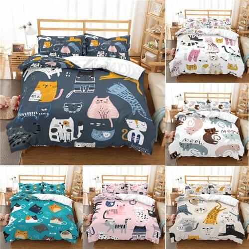 Home Textile Luxury 3D Cartoon Cat Print 2/3Pcs Comfortable Duvet Cover PillowCase Bedding Sets Queen and King EU/US/AU Size