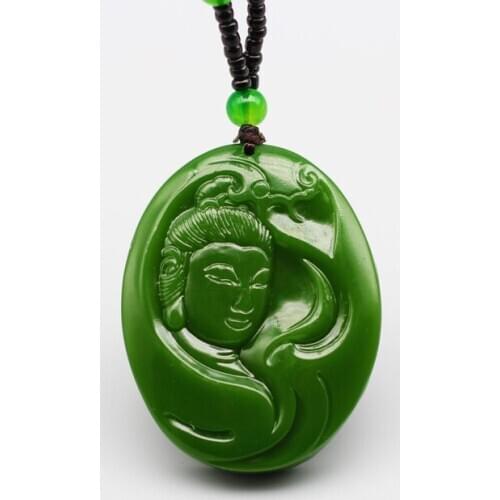 Chinese Natural Green Jade Guanyin Pendant Necklace Hand-Carved Charm Jadeite Jewellery Fashion Amulet for Men Women Lucky Gifts