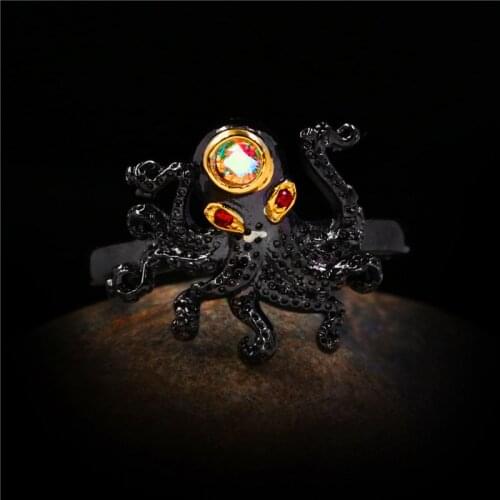Luxury Female Rainbow Crystal Thin Ring Vintage 14KT Black Gold Wedding Ring Classic Ocean Octopus Engagement Rings For Women