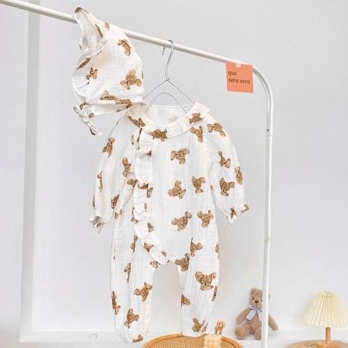 Newborn Baby Girl Rompers Cute Bear Print Fashion Infant Outfits Boys Long Sleeve Jumpsuit With Hat Toddler Cotton Clothes 0-3Y