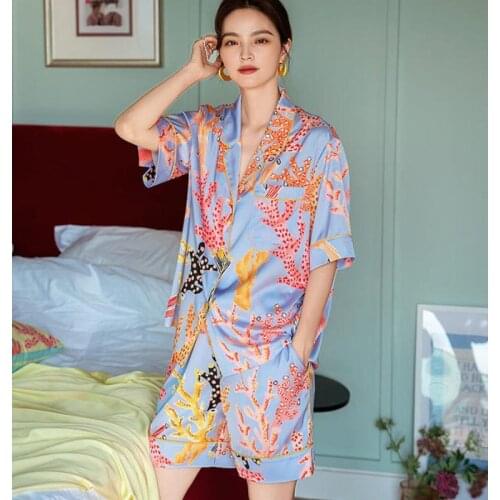 Colorful Print Satin pajamas set 2021 summer Sleepwear Short Sleeve Fashion Pajamas woman Nightwear Suit Home Clothes FG368