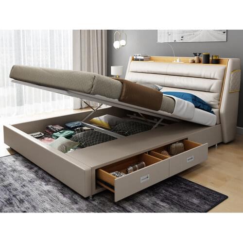 Real Genuine cow leather bed Soft Beds Bedroom camas lit muebles de dormitorio yatak mobilya quarto unique designer USB light