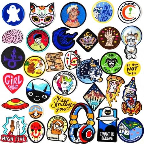 UFO Rocket Painting Hand Wolf Patches Badge Embroidered Cute Badges Hippie Iron On Kids Cartoon For Clothes Stickers Patch