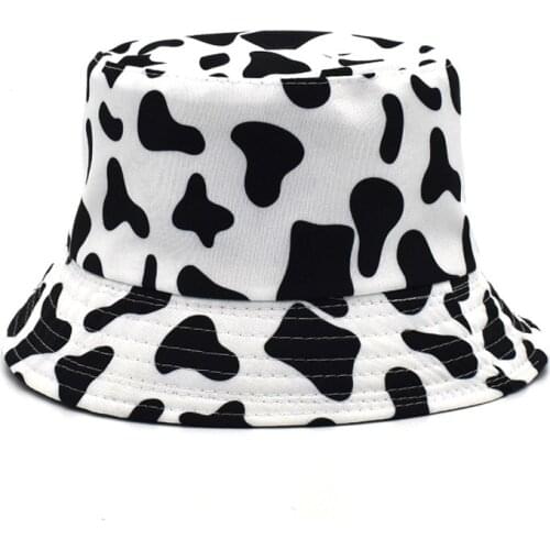 The NEW Original New Double-Sided Bucket Hat Panama Womens Fashion Black And White Cow Pattern Fisherman Hat Summer Sun Hat