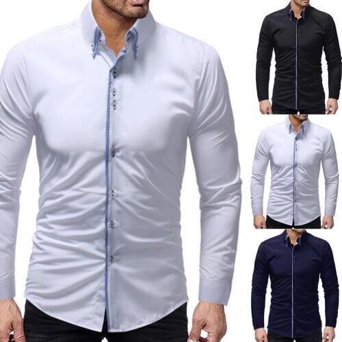 Men Solid Color Long Sleeve Turn Down Collar Buttons Cotton Slim Business Shirt Button-Down Shirt Casual Male Shirt Top
