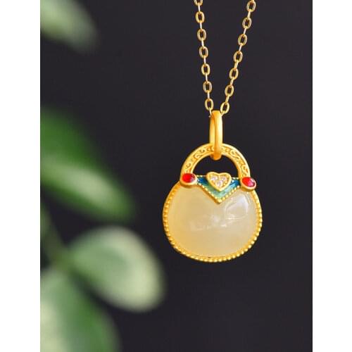 S925 Sterling Silver Hetian Jade Inlaid Enamel Bag Pendant Packaging You Have Money Necklace Ancient Gilding Inlaid Womens Jewe